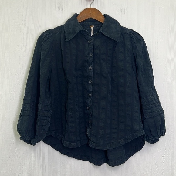 Free People - Happy Days Black Balloon Sleeves Button Down Blouse Size XS - Picture 7 of 10